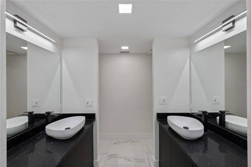 Bathroom, Dual Sink Vanities, Interior, Marble, Recessed Lighting
