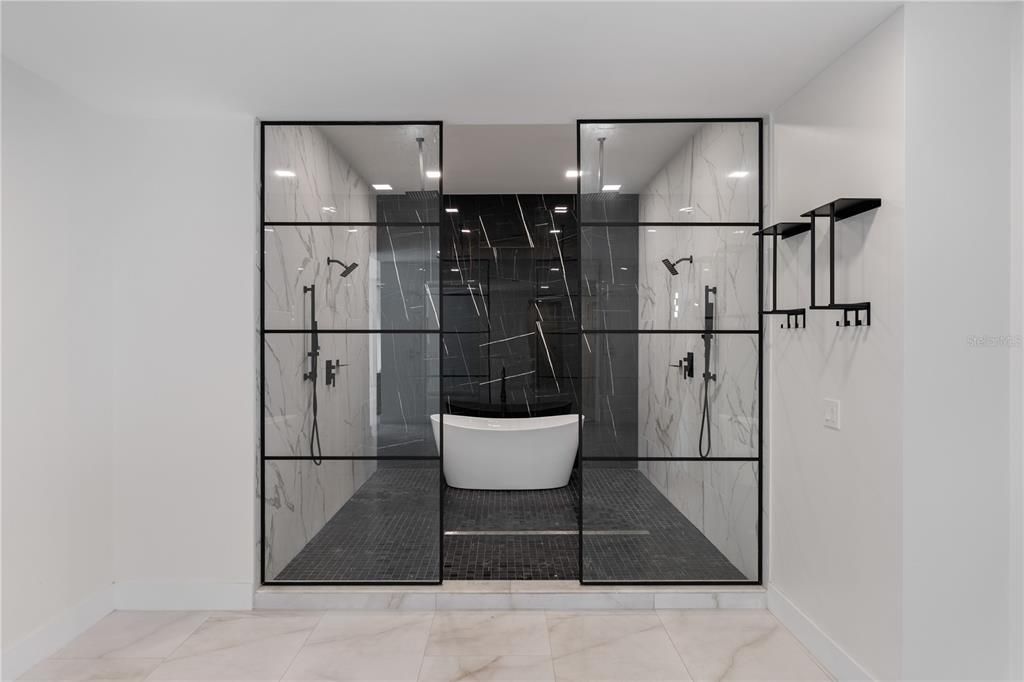 Bathroom, Dual Sink Vanities, Free Standing Baths, Glass Shower, Interior, Marble, Marble Walls