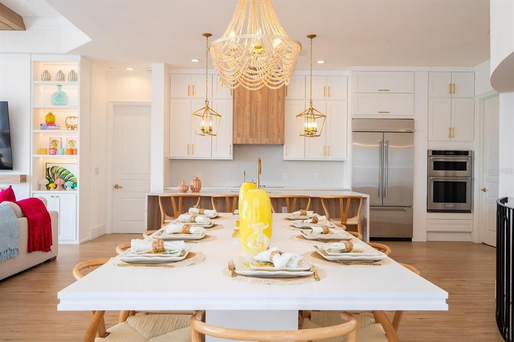 Chandelier, Interior, Kitchen, Pendant Lights, Recessed Lighting, Stainless Steel Appliances, Wood Texture Flooring