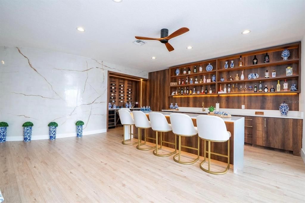 Interior, Marble Walls, Recessed Lighting, Wood Texture Flooring