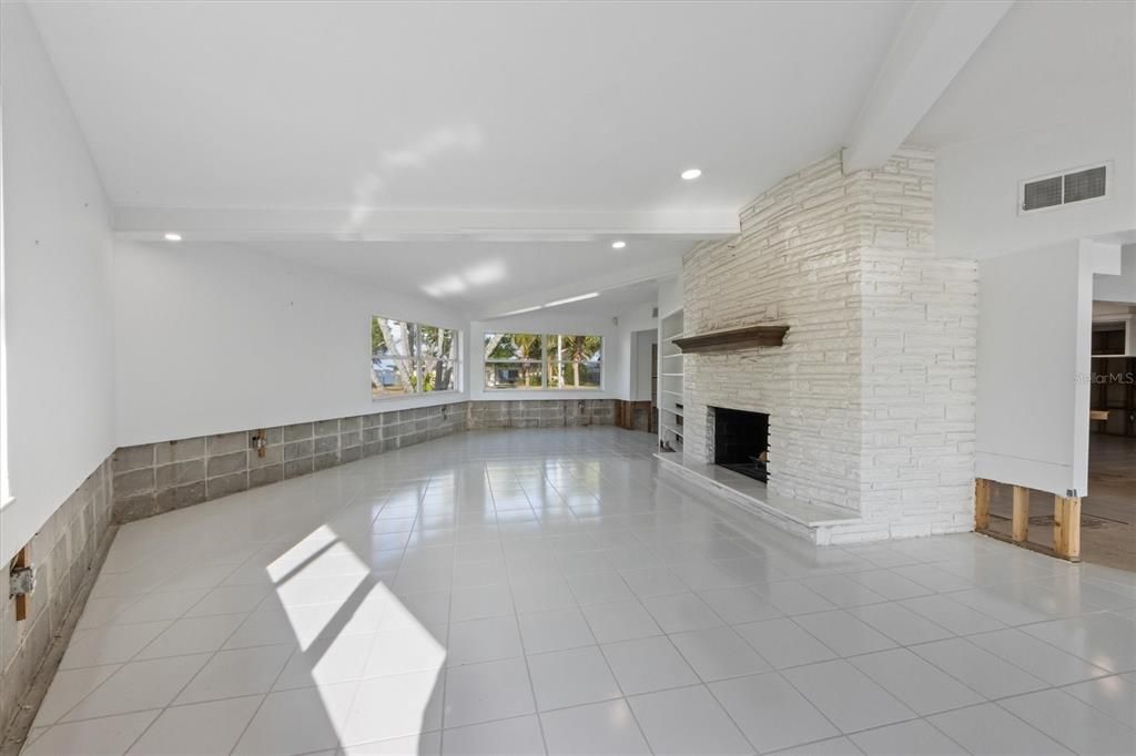 Empty room, Fireplace, Interior, Recessed Lighting, Stone Walls