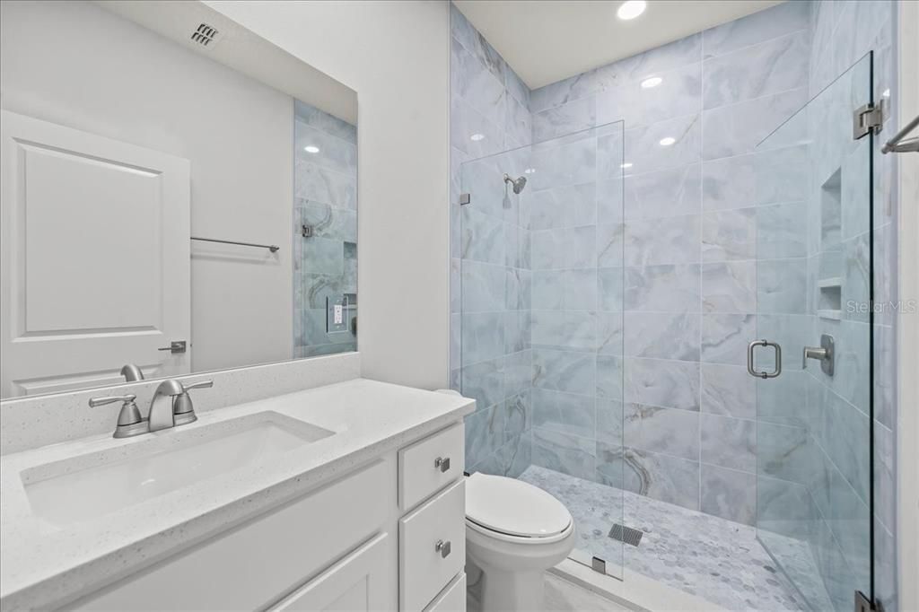 Bathroom, Glass Shower, Interior, Marble Walls, Recessed Lighting