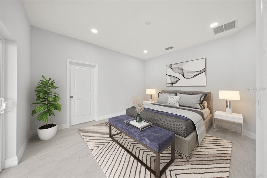 Bedroom, Interior, Marble, Recessed Lighting