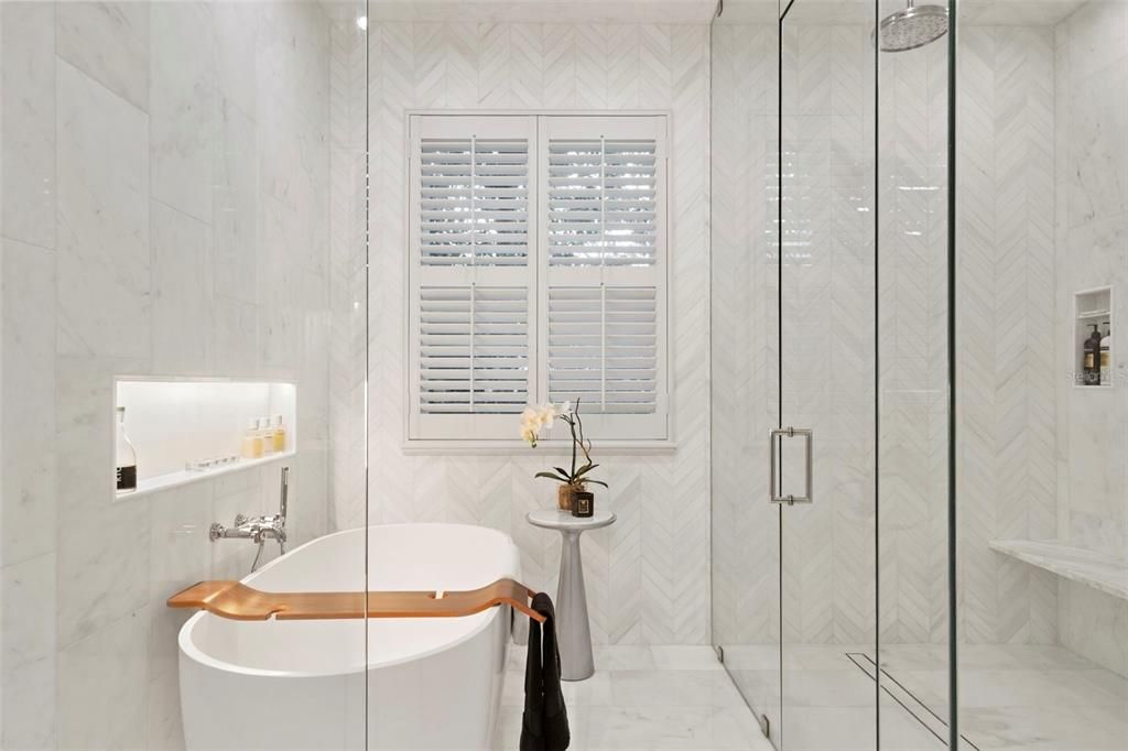 Bathroom, Free Standing Baths, Glass Shower, Interior, Marble Walls