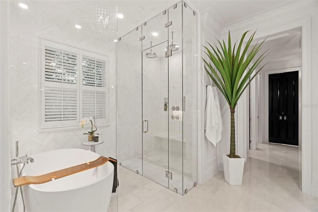 Bathroom, Free Standing Baths, Glass Shower, Interior, Marble, Marble Walls, Recessed Lighting
