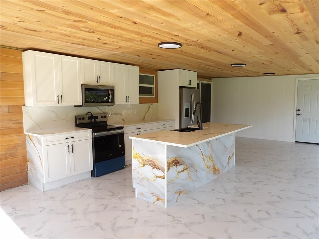 Interior, Kitchen, Marble, Marble Walls, Recessed Lighting, Wooden Ceilings