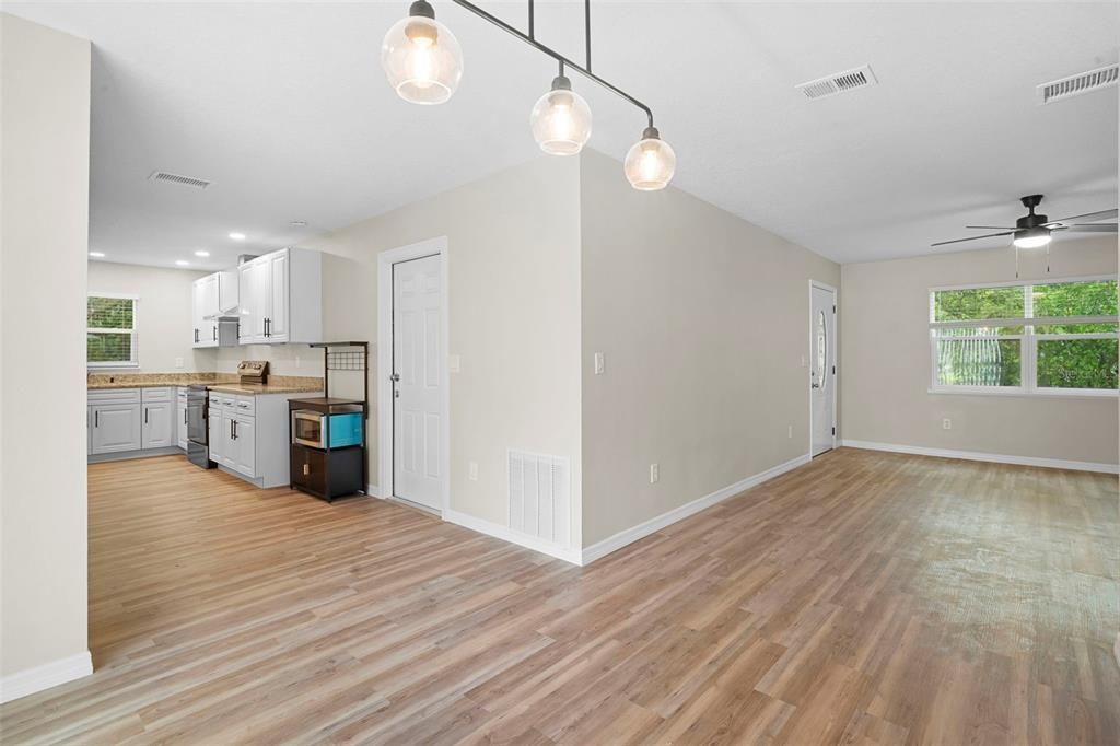 Empty room, Interior, Kitchen, Pendant Lights, Recessed Lighting, Wood Texture Flooring