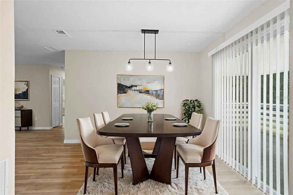 Dining room, Interior, Pendant Lights, Wood Texture Flooring