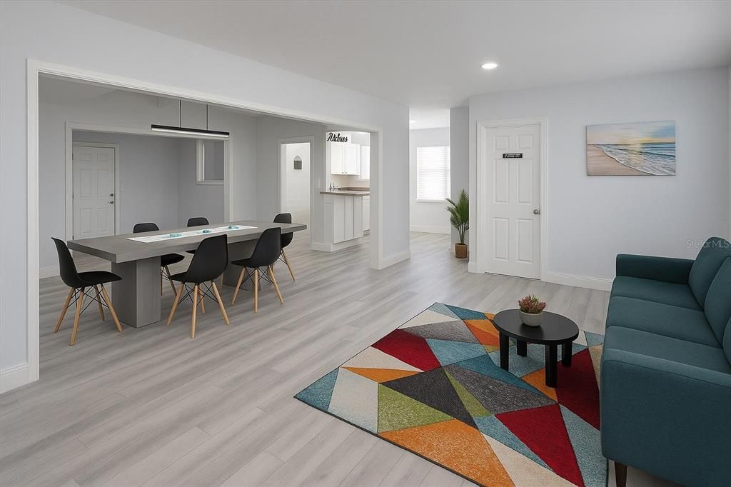 Dining room, Interior, Pendant Lights, Recessed Lighting, Wood Texture Flooring