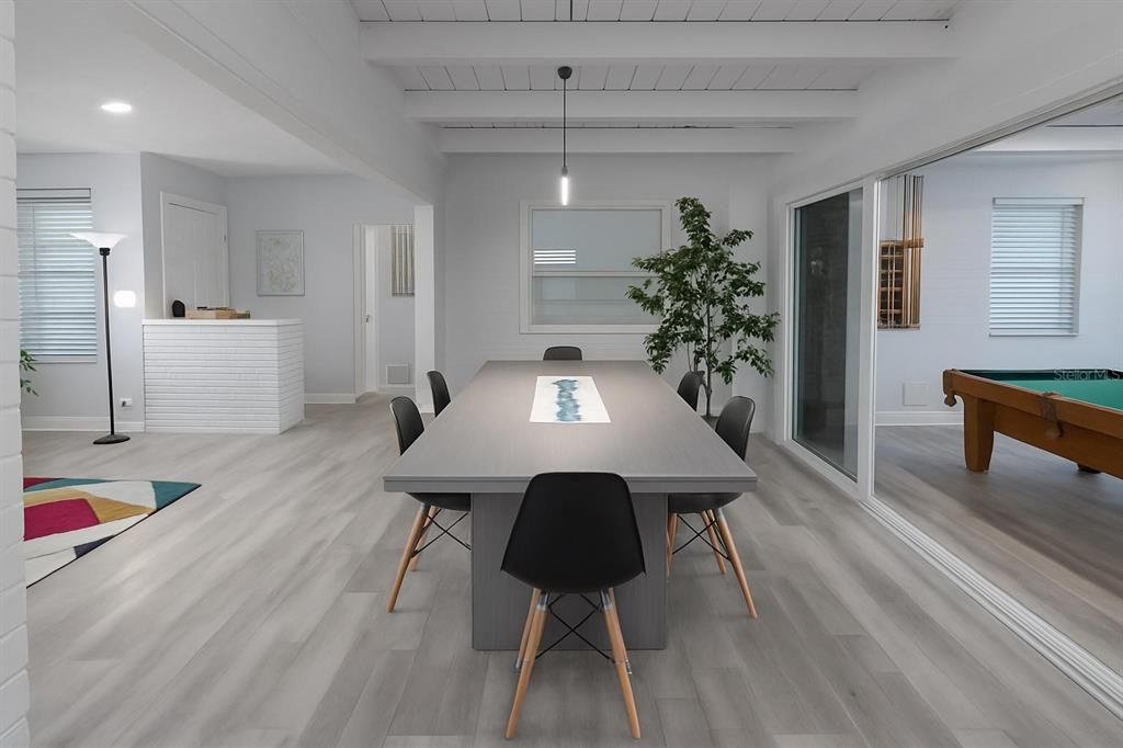 Billiard Table, Dining room, Game Room, Interior, Pendant Lights, Recessed Lighting, Wood Texture Flooring