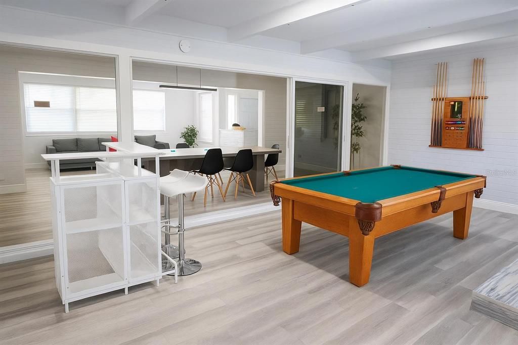 Billiard Table, Game Room, Interior, Pendant Lights, Wood Texture Flooring