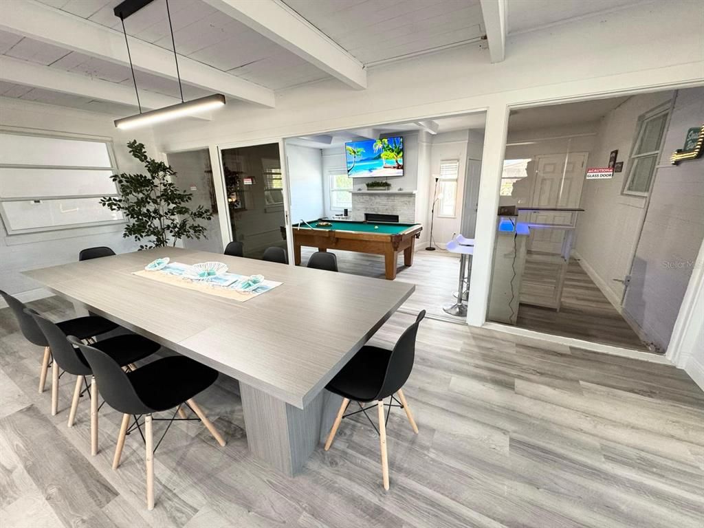 Billiard Table, Dining room, Game Room, Interior, Pendant Lights, Wood Texture Flooring