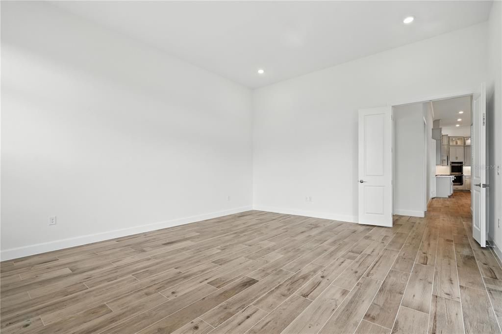 Empty room, Interior, Kitchen, Recessed Lighting, Wood Texture Flooring