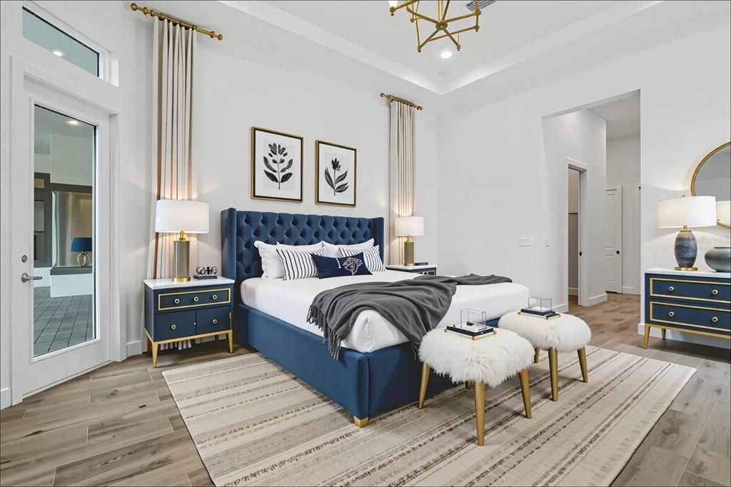 Bedroom, Interior, Pendant Lights, Recessed Lighting, Wood Texture Flooring