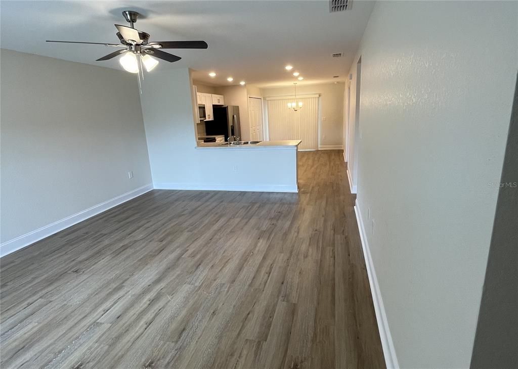 Empty room, Interior, Kitchen, Recessed Lighting, Wood Texture Flooring