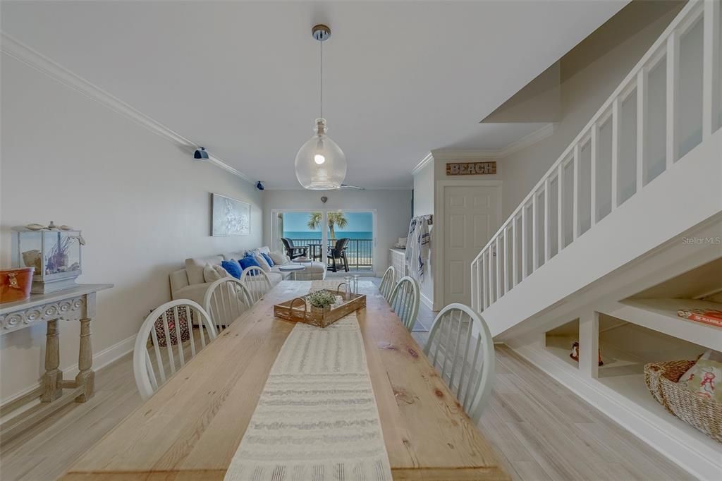Dining room, Interior, Living room, Pendant Lights, Wood Texture Flooring