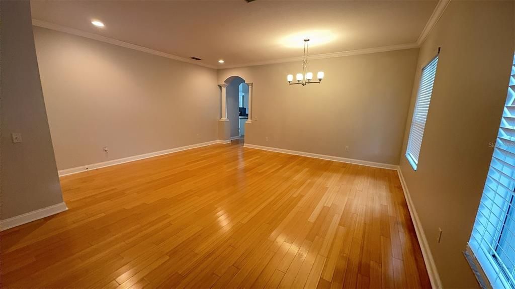 Chandelier, Empty room, Interior, Recessed Lighting, Wood Texture Flooring