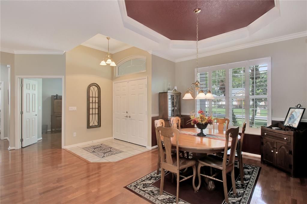Dining room, Interior, Pendant Lights, Wood Texture Flooring