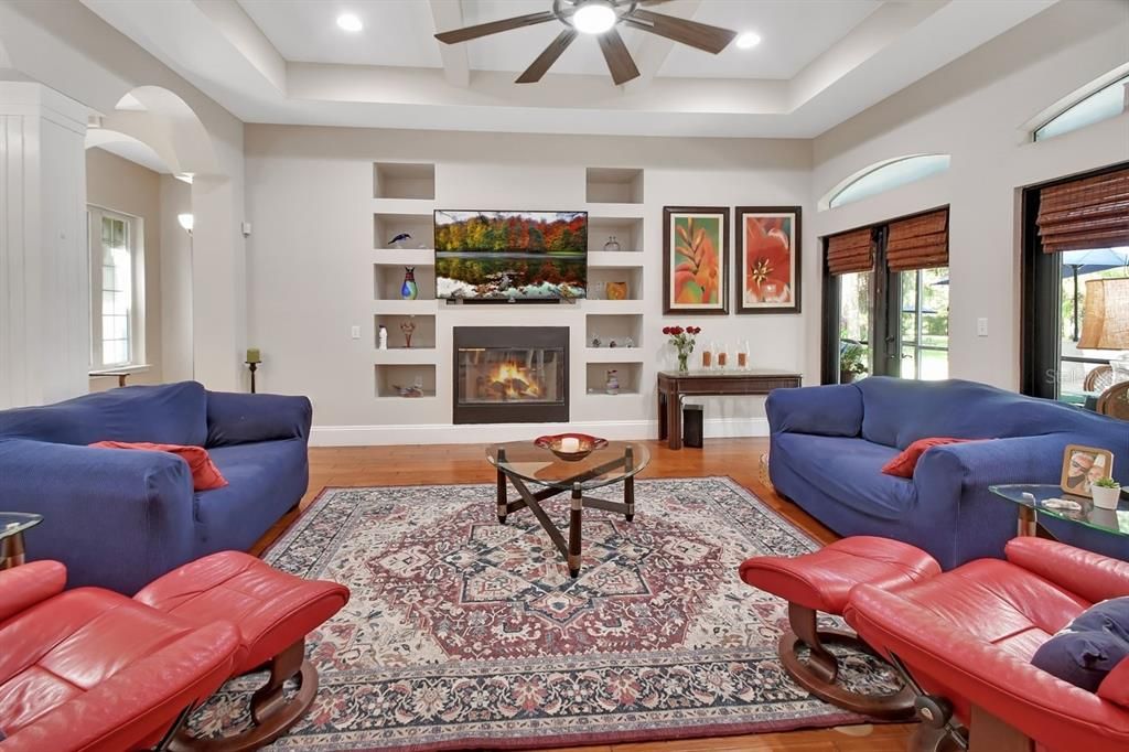 Fireplace, Interior, Living room, Recessed Lighting, Wood Texture Flooring