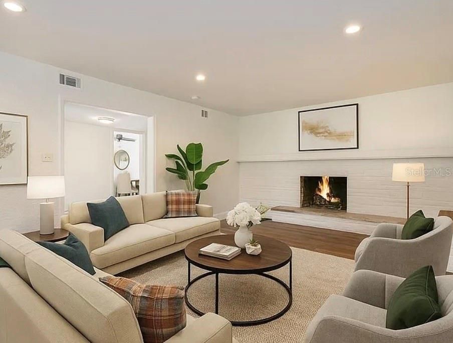 Fireplace, Interior, Living room, Recessed Lighting, Wood Texture Flooring