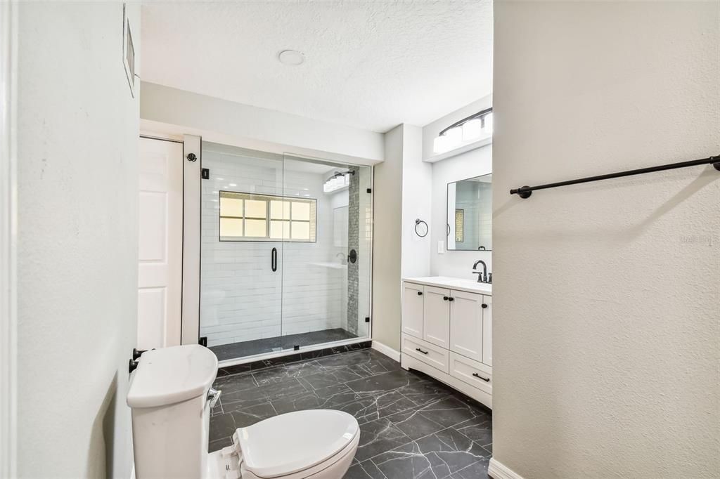 Bathroom, Glass Shower, Interior, Marble, Recessed Lighting