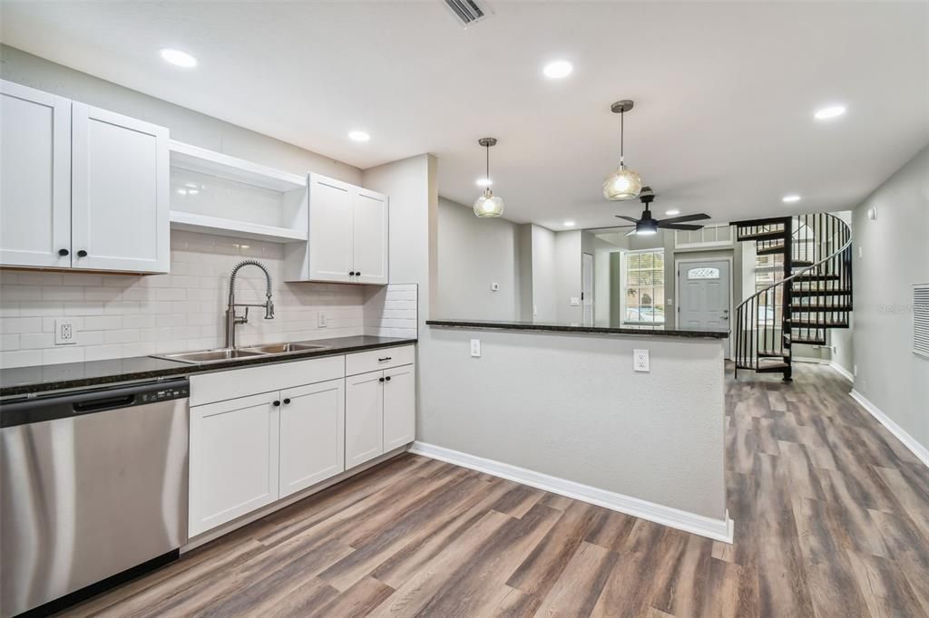 Interior, Kitchen, Pendant Lights, Recessed Lighting, Wood Texture Flooring