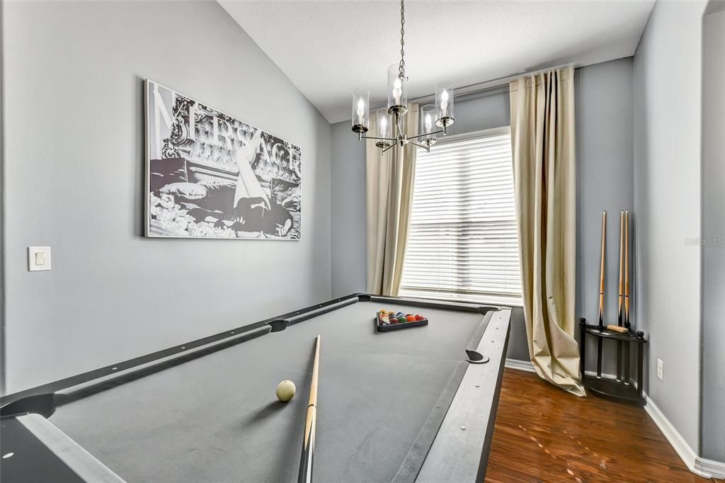 Billiard Table, Chandelier, Game Room, Interior, Wood Texture Flooring