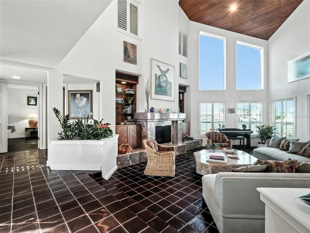 Fireplace, Interior, Living room, Piano, Recessed Lighting, Wooden Ceilings