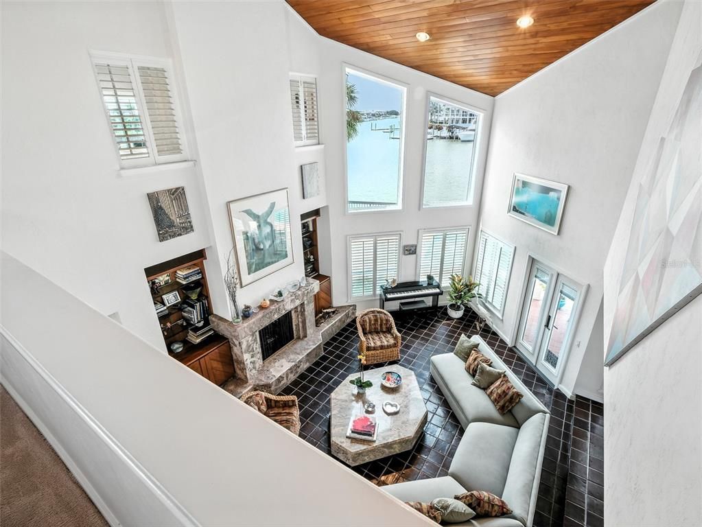 Fireplace, Interior, Living room, Piano, Recessed Lighting, Wooden Ceilings