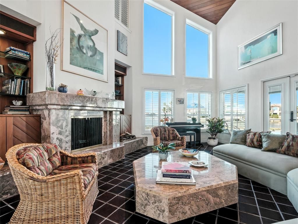 Fireplace, Interior, Living room, Piano, Wooden Ceilings