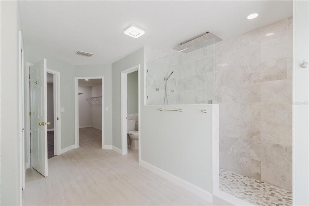 Bathroom, Glass Shower, Interior, Marble Walls, Recessed Lighting