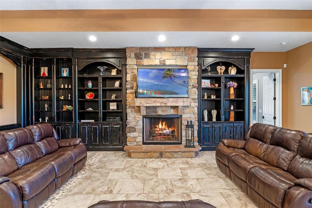 Fireplace, Interior, Living room, Recessed Lighting, Stone Walls
