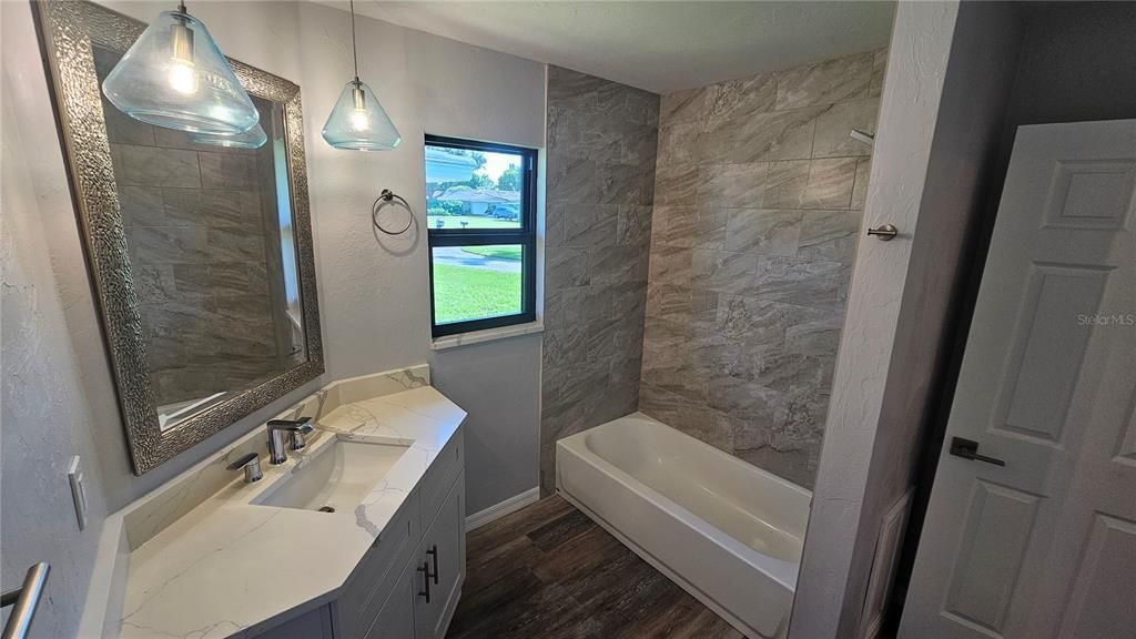 Bathroom, Interior, Marble Walls, Pendant Lights, Wood Texture Flooring