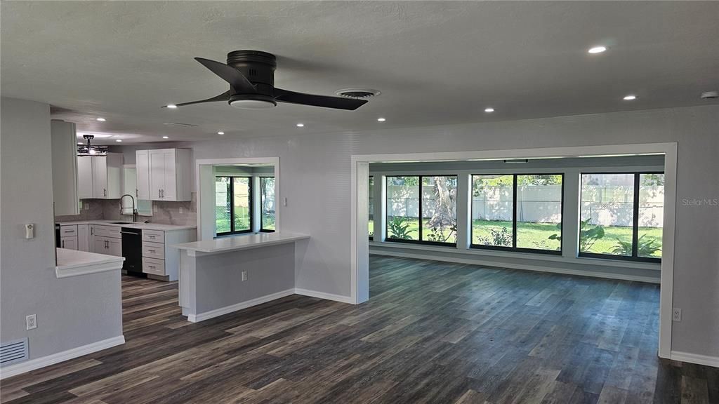 Empty room, Interior, Kitchen, Recessed Lighting, Wood Texture Flooring