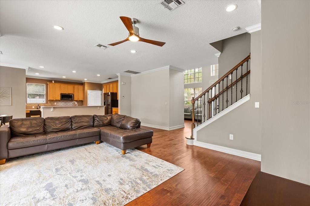 Interior, Kitchen, Living room, Recessed Lighting, Stainless Steel Appliances, Wood Texture Flooring