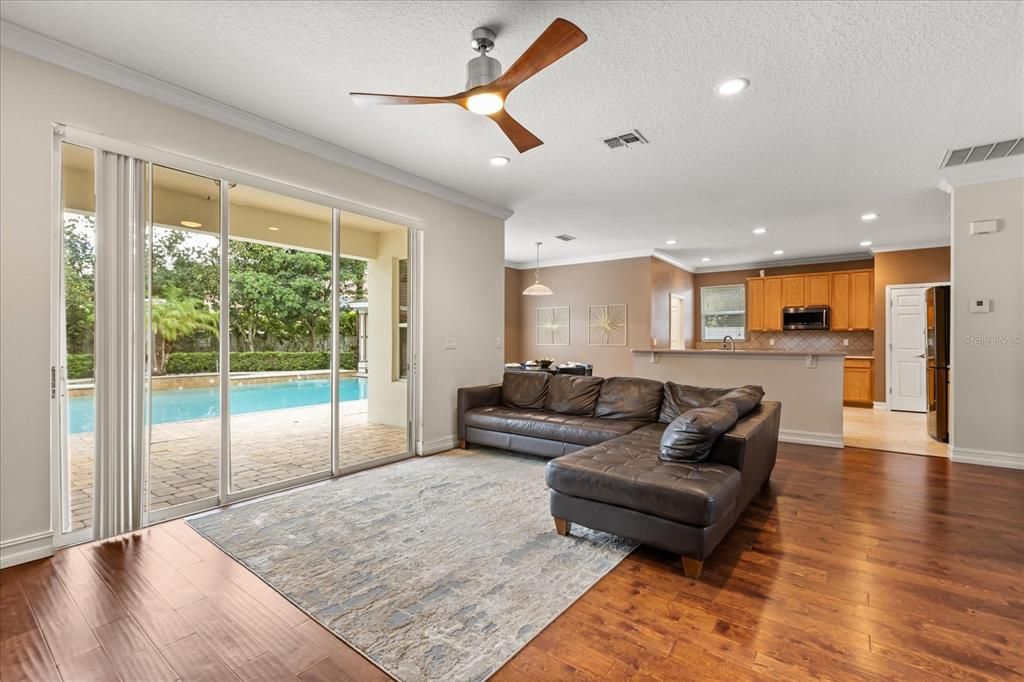Interior, Kitchen, Living room, Pendant Lights, Recessed Lighting, Wood Texture Flooring