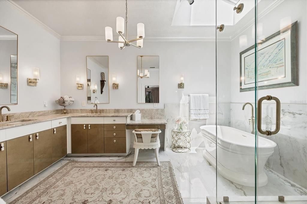 Bathroom, Chandelier, Dual Sink Vanities, Free Standing Baths, Interior, Marble, Pendant Lights