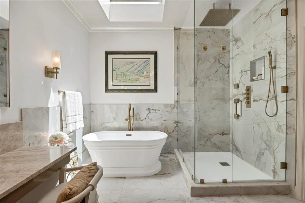Bathroom, Free Standing Baths, Glass Shower, Interior, Marble, Marble Walls