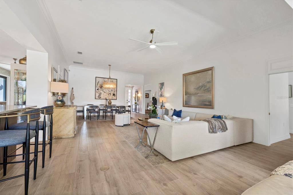 Dining room, Interior, Living room, Pendant Lights, Wood Texture Flooring