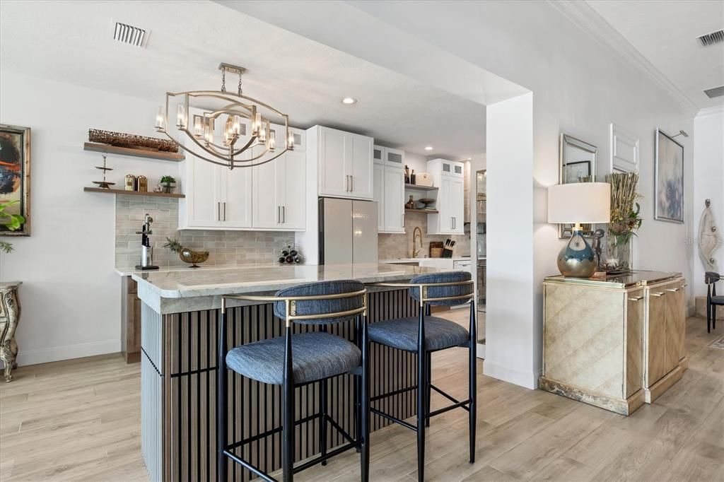 Chandelier, Interior, Kitchen, Recessed Lighting, Wood Texture Flooring