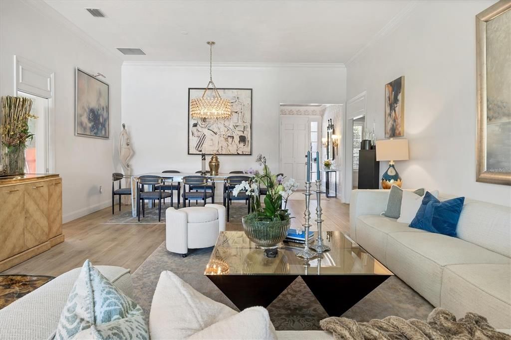 Dining room, Interior, Living room, Pendant Lights, Wood Texture Flooring