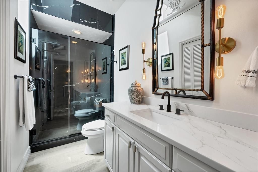 Bathroom, Glass Shower, Interior, Wood Texture Flooring