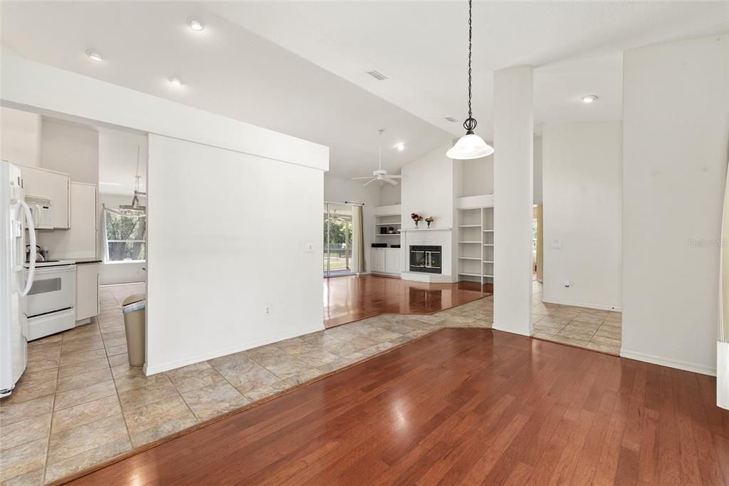 Empty room, Interior, Kitchen, Pendant Lights, Recessed Lighting, Wood Texture Flooring