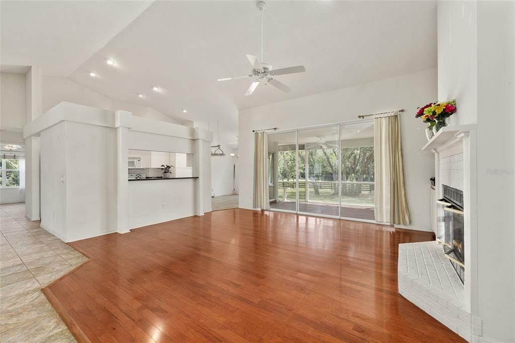 Empty room, Fireplace, Interior, Kitchen, Recessed Lighting, Wood Texture Flooring