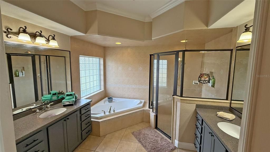 Bathroom, Dual Sink Vanities, Glass Shower, Interior, Recessed Lighting