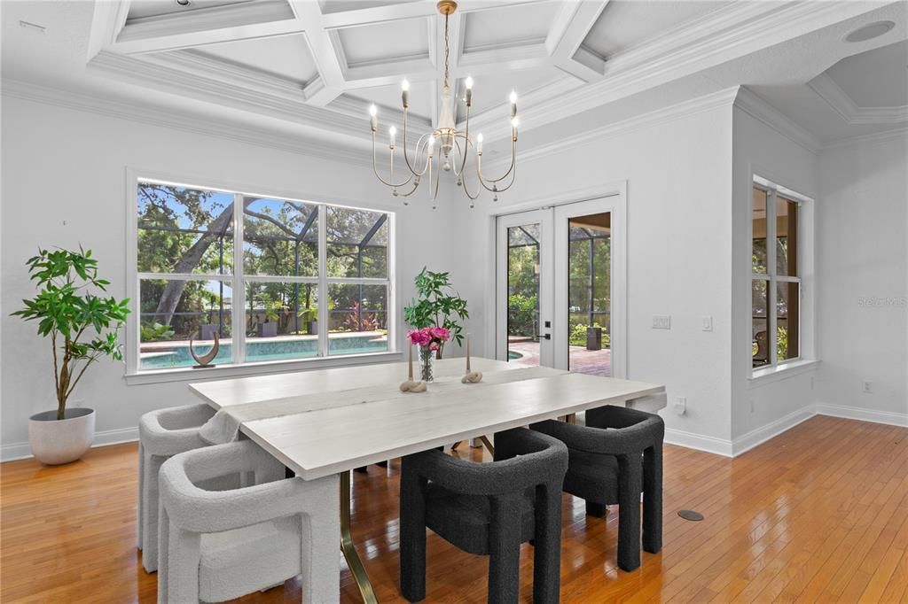 Chandelier, Dining room, Interior, Wood Texture Flooring