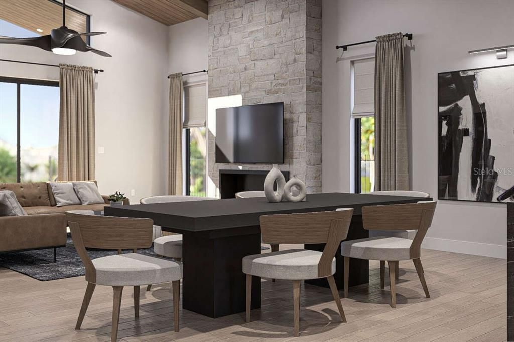 Dining room, Interior, Living room, Stone Walls, Wood Texture Flooring