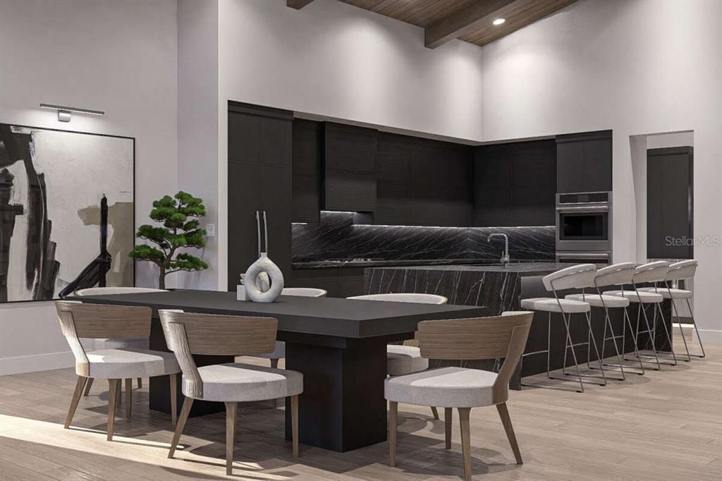 Dining room, Interior, Kitchen, Recessed Lighting, Stainless Steel Appliances, Wooden Beams, Wooden Ceilings, Wood Texture Flooring