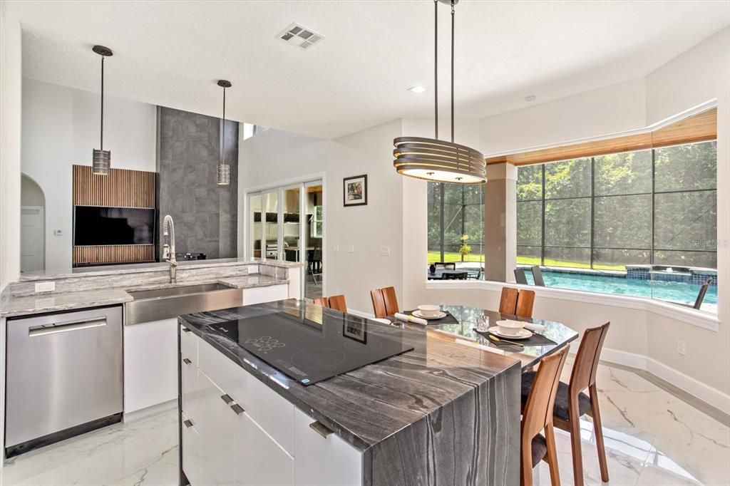 Interior, Kitchen, Marble, Pendant Lights, Recessed Lighting, Stainless Steel Appliances