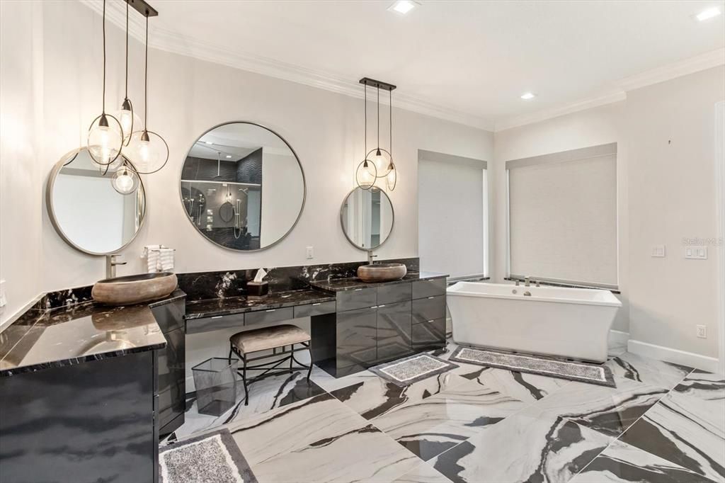 Bathroom, Dual Sink Vanities, Free Standing Baths, Interior, Marble, Pendant Lights, Recessed Lighting